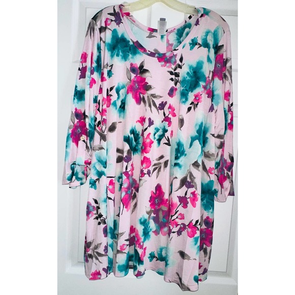 Honeyme Tops - Honeyme Pink Floral Top with Button Detail ~ 3XL